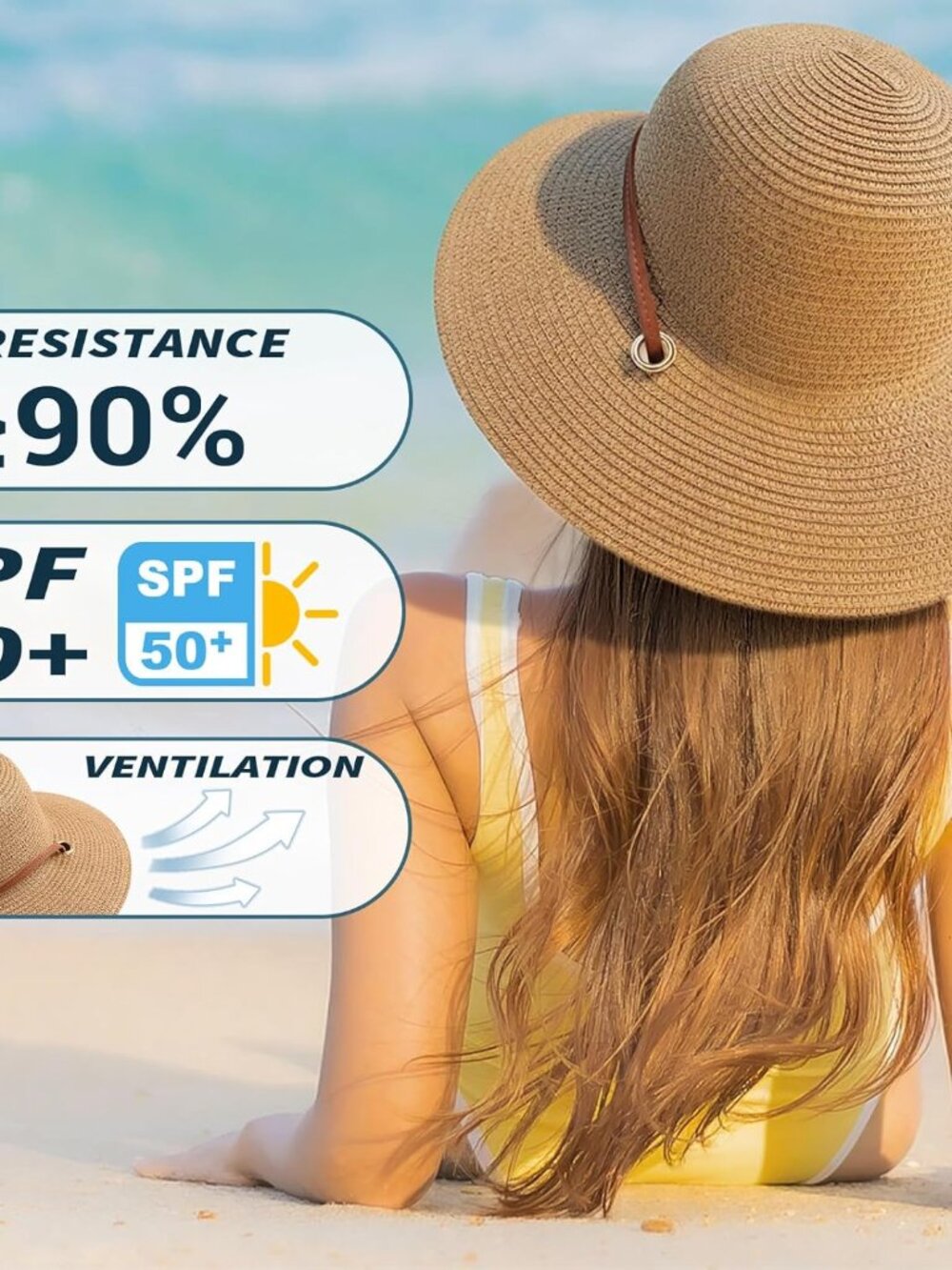Beach Hat for Women, Wide Brim Sun Straw Hats for Women, Sun Hat Womens UPF 50+ - Picture 2 of 7